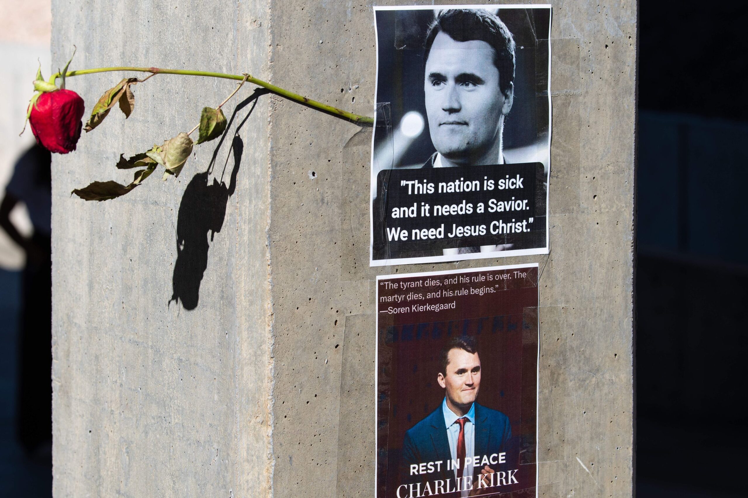 United States: a statue of Charlie Kirk vandalized with red paint in Arizona